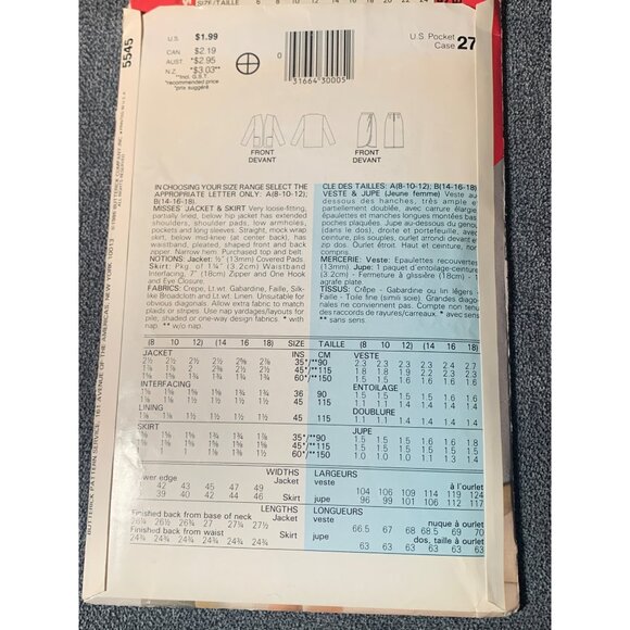 See & Sew 5545 Women's Jacket & Skirt Sewing Pattern Sizes 14-16-18 uncut - Picture 2 of 2